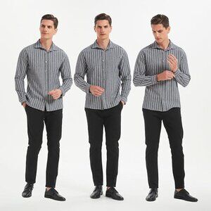 NEW Isle Bay Linens Striped Cotton Linen Blend Long Sleeve Work Shirts Navy XXL